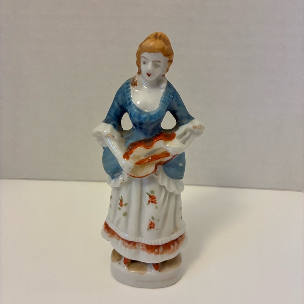 Japan 1950s/1960s Victorian Lady Blue White Dress Holding Violin 5” Figure